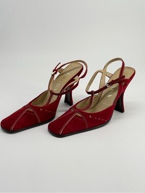 Prada Red Suede T-Strap Slingback Heels Size 37.5